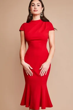 Women * Pleated Shoulder High Neck Midi Dress