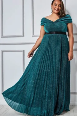 Women * Plus Bardot Pleated Skirt Maxi Dress Green