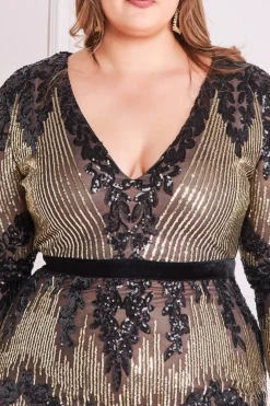 Women * Plus Long Sleeve Sequin Party Midi