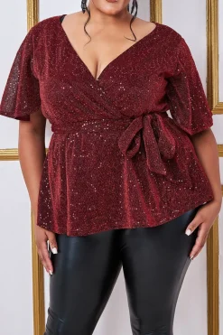 Women * Plus Lurex Flutter Sleeve Wrap Top