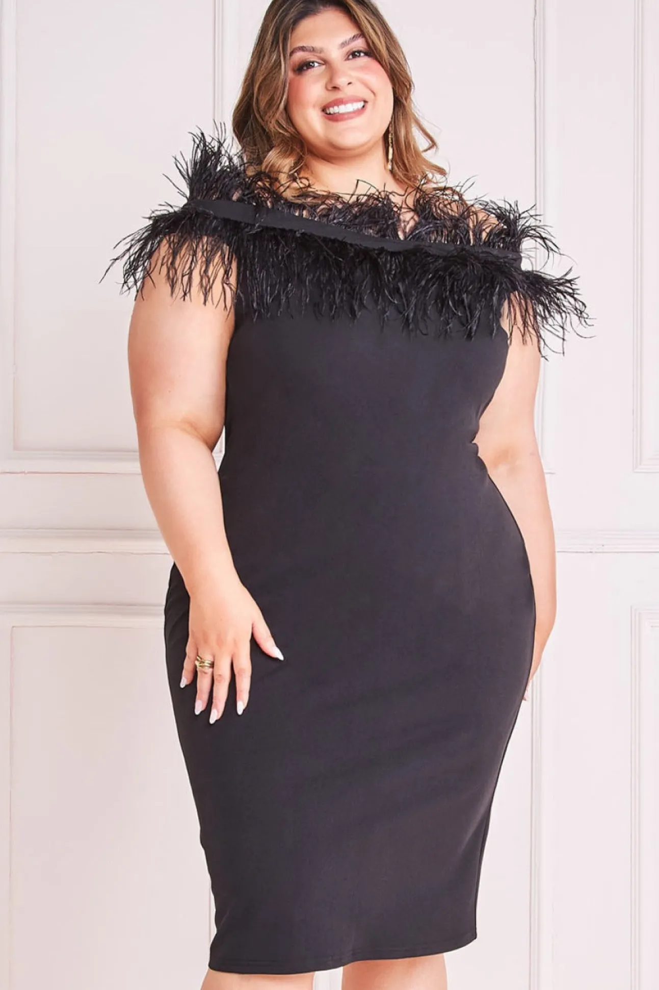 Women * Plus Off The Shoulder Feather Midi Dress