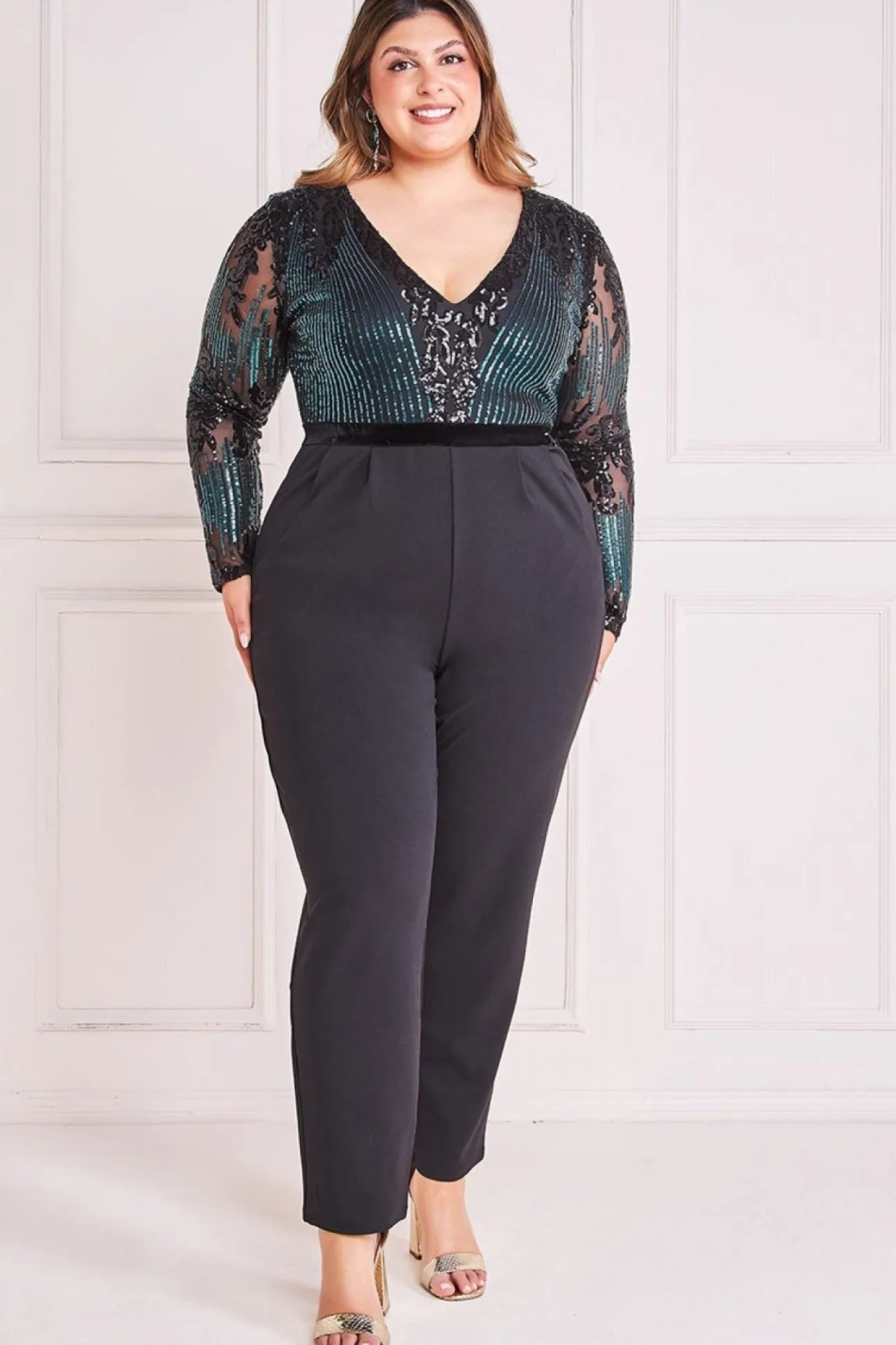 Women * Plus Sequin & Mesh Jumpsuit - Emerald