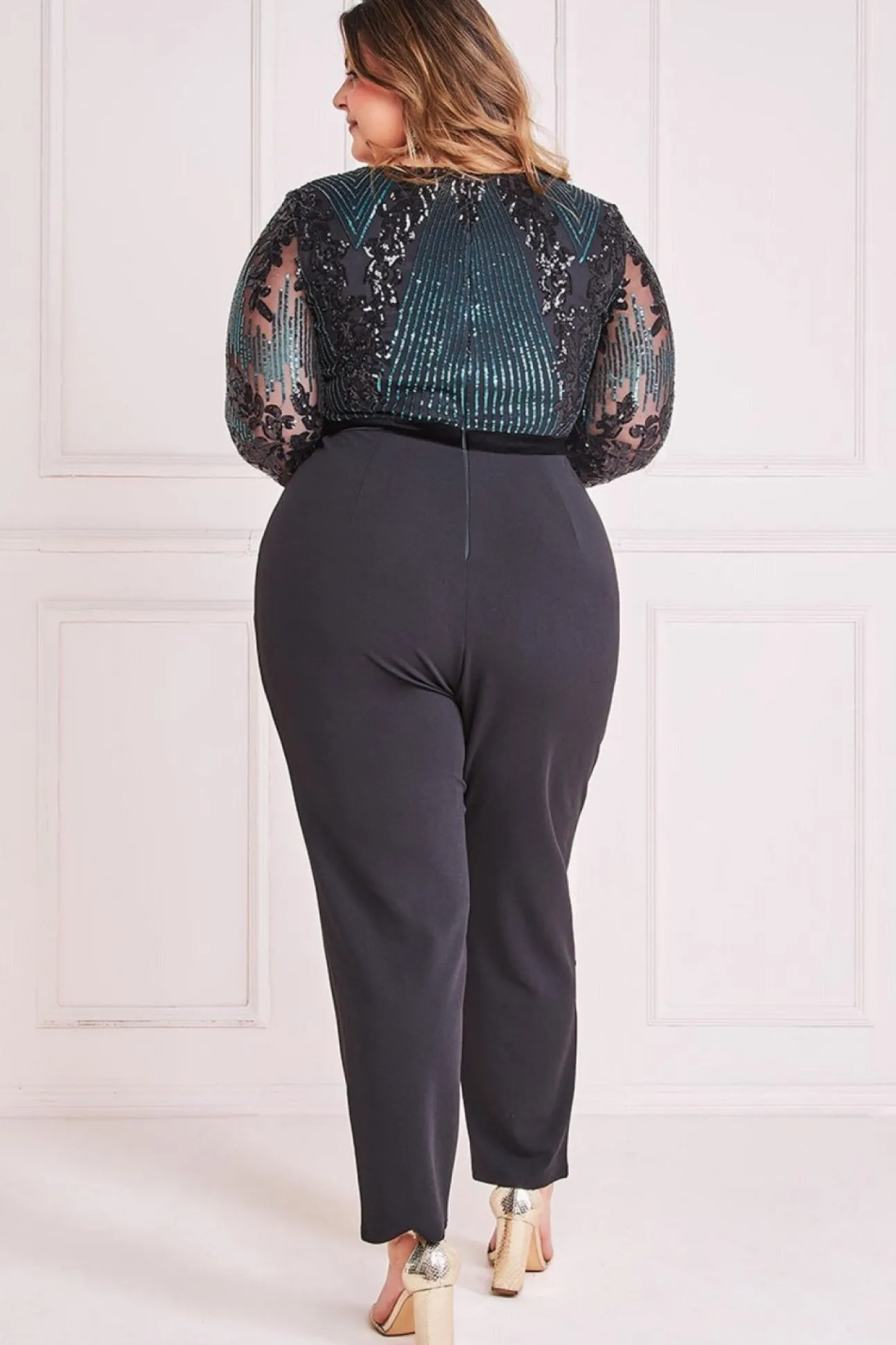 Women * Plus Sequin & Mesh Jumpsuit - Emerald