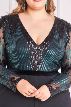 Women * Plus Sequin & Mesh Jumpsuit - Emerald