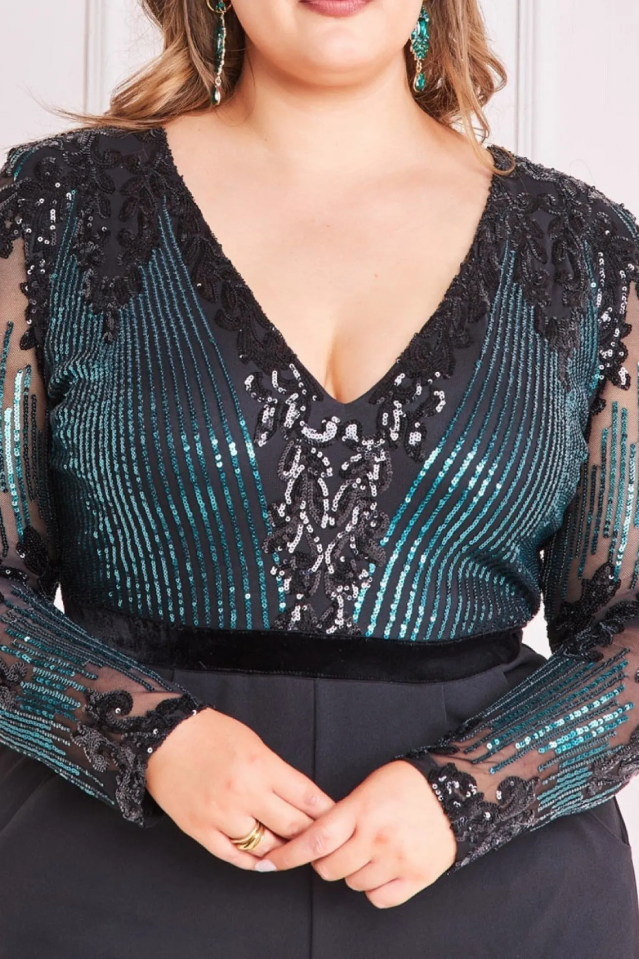 Women * Plus Sequin & Mesh Jumpsuit - Emerald