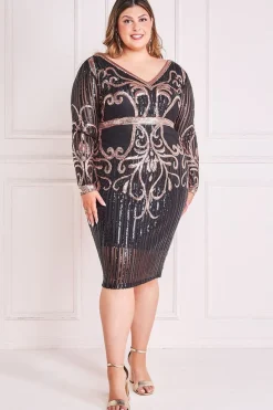 Women * Plus Sequin Mesh V Neck Midi