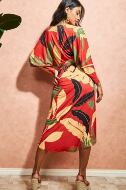 Women * Printed Batwing Wrap Midi Dress