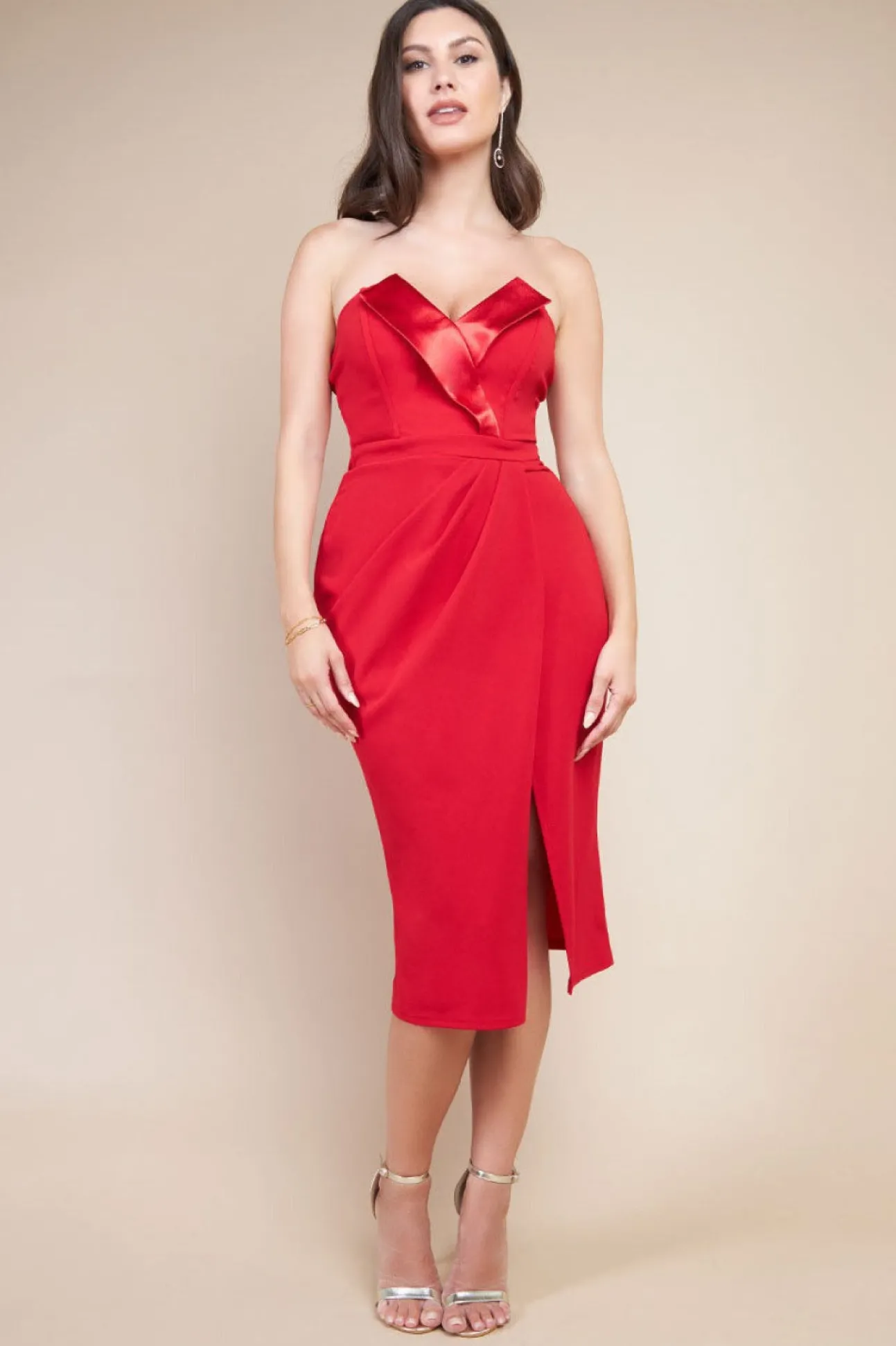 Women * Satin Collar Scuba Midi Dress