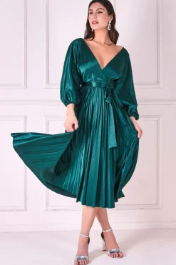 Women * Satin Pleated Skirt Wrap Midi Dress