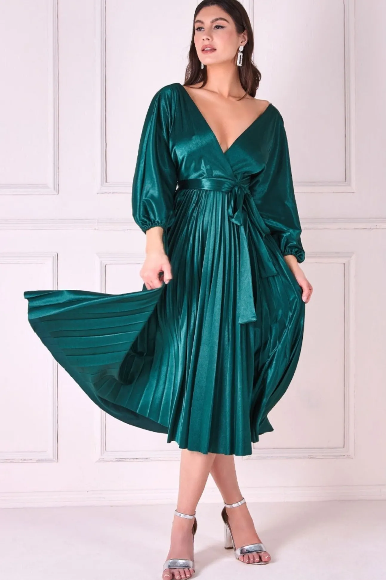 Women * Satin Pleated Skirt Wrap Midi Dress