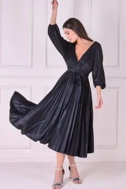Women * Satin Pleated Skirt Wrap Midi Dress