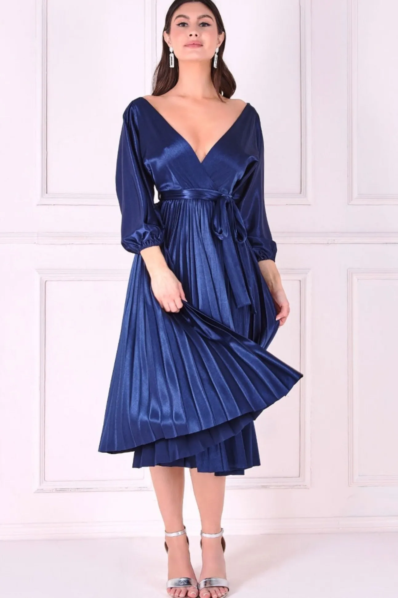 Women * Satin Pleated Skirt Wrap Midi Dress