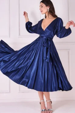Women * Satin Pleated Skirt Wrap Midi Dress