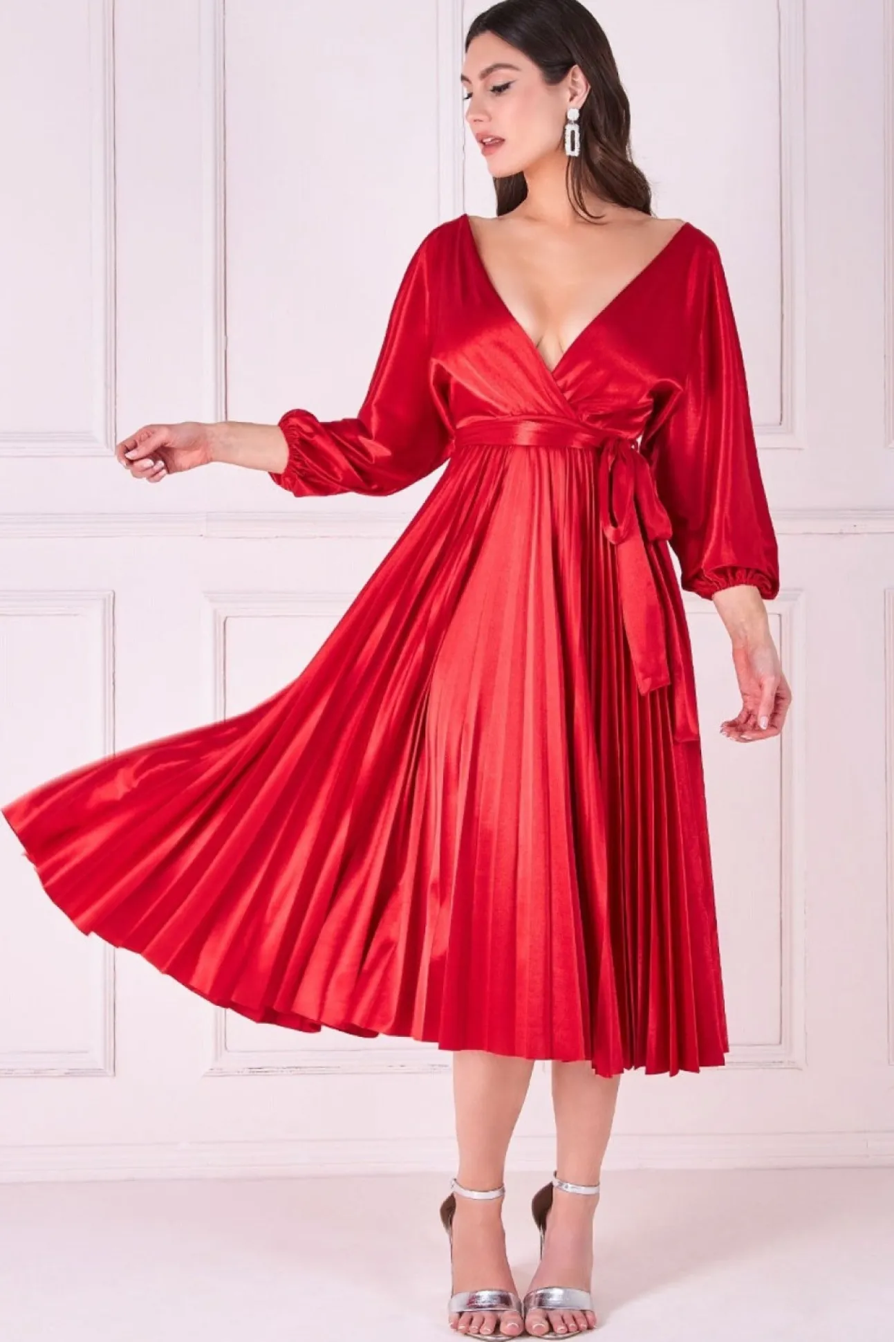 Women * Satin Pleated Skirt Wrap Midi Dress
