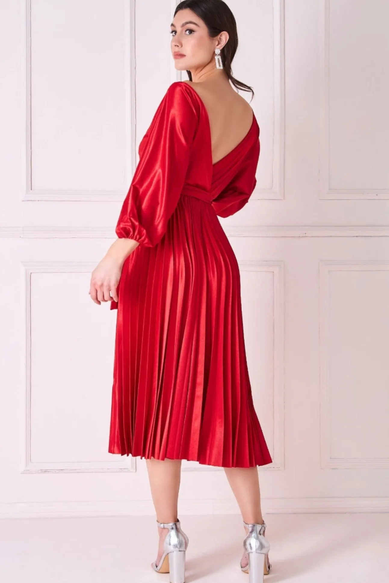 Women * Satin Pleated Skirt Wrap Midi Dress