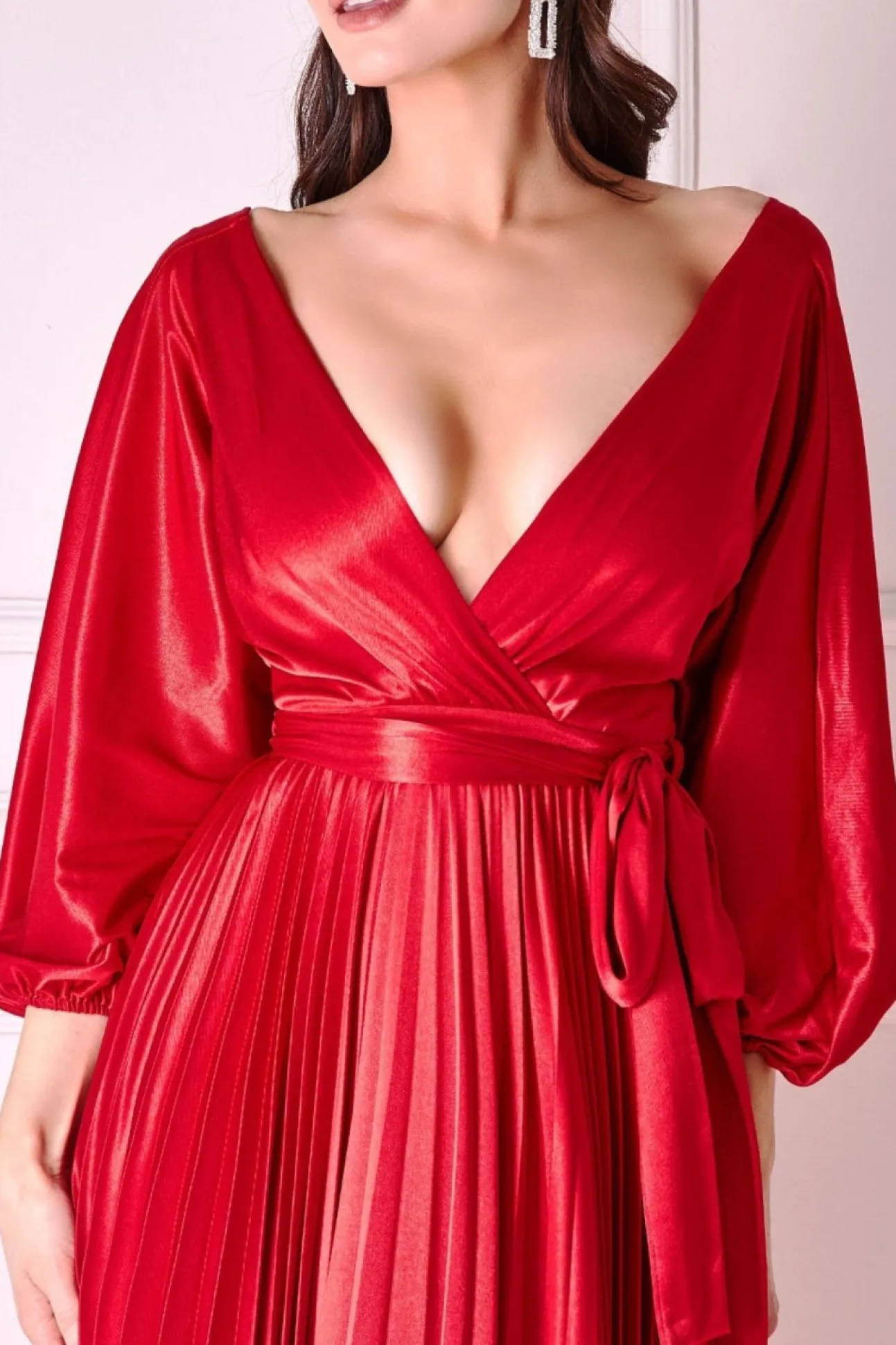 Women * Satin Pleated Skirt Wrap Midi Dress