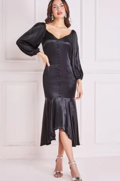 Women * Satin Viscose Front Buttoned Dipped Hem Midi
