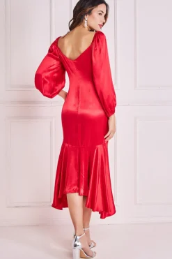 Women * Satin Viscose Front Buttoned Dipped Hem Midi