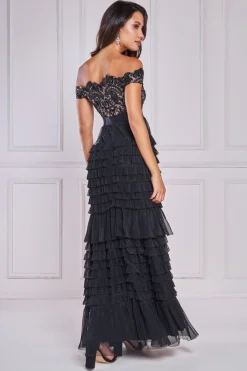 Women * Scallop Bardot Ruffle Mesh Maxi