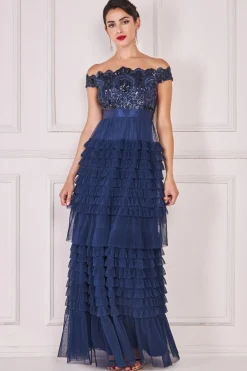 Women * Scallop Bardot Ruffle Mesh Maxi