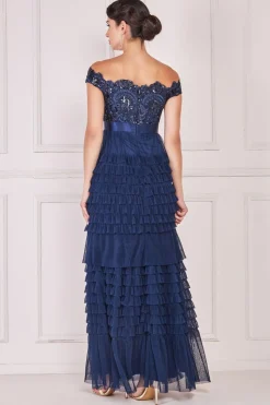 Women * Scallop Bardot Ruffle Mesh Maxi