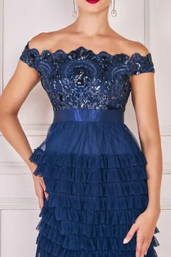 Women * Scallop Bardot Ruffle Mesh Maxi