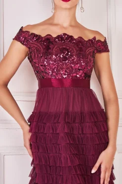 Women * Scallop Bardot Ruffle Mesh Maxi