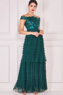 Women * Scallop Bardot Ruffle Mesh Maxi