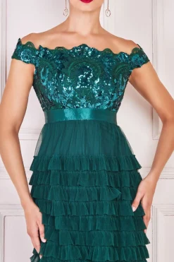 Women * Scallop Bardot Ruffle Mesh Maxi
