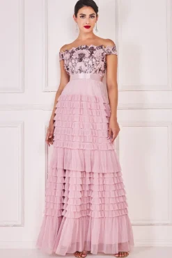 Women * Scallop Bardot Ruffle Mesh Maxi