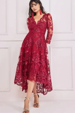 Women * Scalloped Lace Dipped Hem Midi Dress