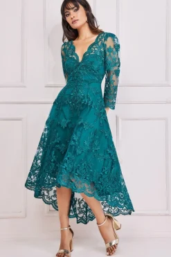 Women * Scalloped Lace Dipped Hem Midi Dress