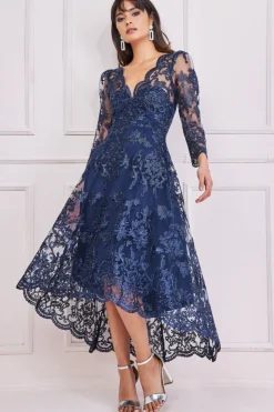 Women * Scalloped Lace Dipped Hem Midi Dress