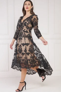 Women * Scalloped Lace Dipped Hem Midi Dress