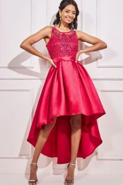 Women * Sequin & Satin Dipped Hem Midi - Hot Pink