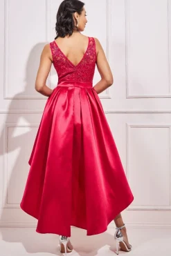 Women * Sequin & Satin Dipped Hem Midi - Hot Pink