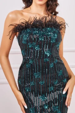Women * Sequin And Feather Boobtube Midi Green