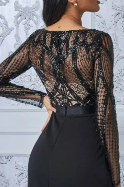 Women * Sequin Bodice With Front Frill Maxi