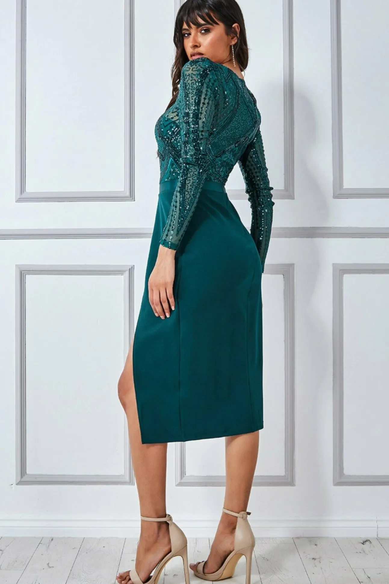 Women * Sequin Bodice With Front Frill Midi Dress