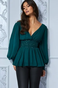 Women * Sequin Chiffon Puffy Sleeve Top Green