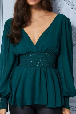 Women * Sequin Chiffon Puffy Sleeve Top Green