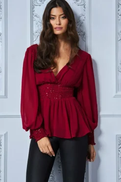 Women * Sequin Chiffon Puffy Sleeve Top