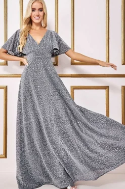 Women * Sequin Lurex Flutter Sleeve Maxi Dress