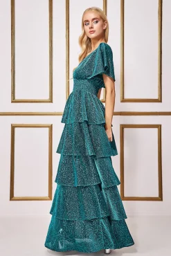 Women * Sequin Lurex Tiered Maxi Dress - Teal Blue