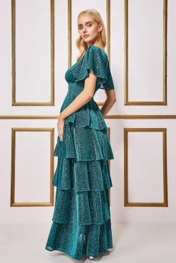 Women * Sequin Lurex Tiered Maxi Dress - Teal Blue
