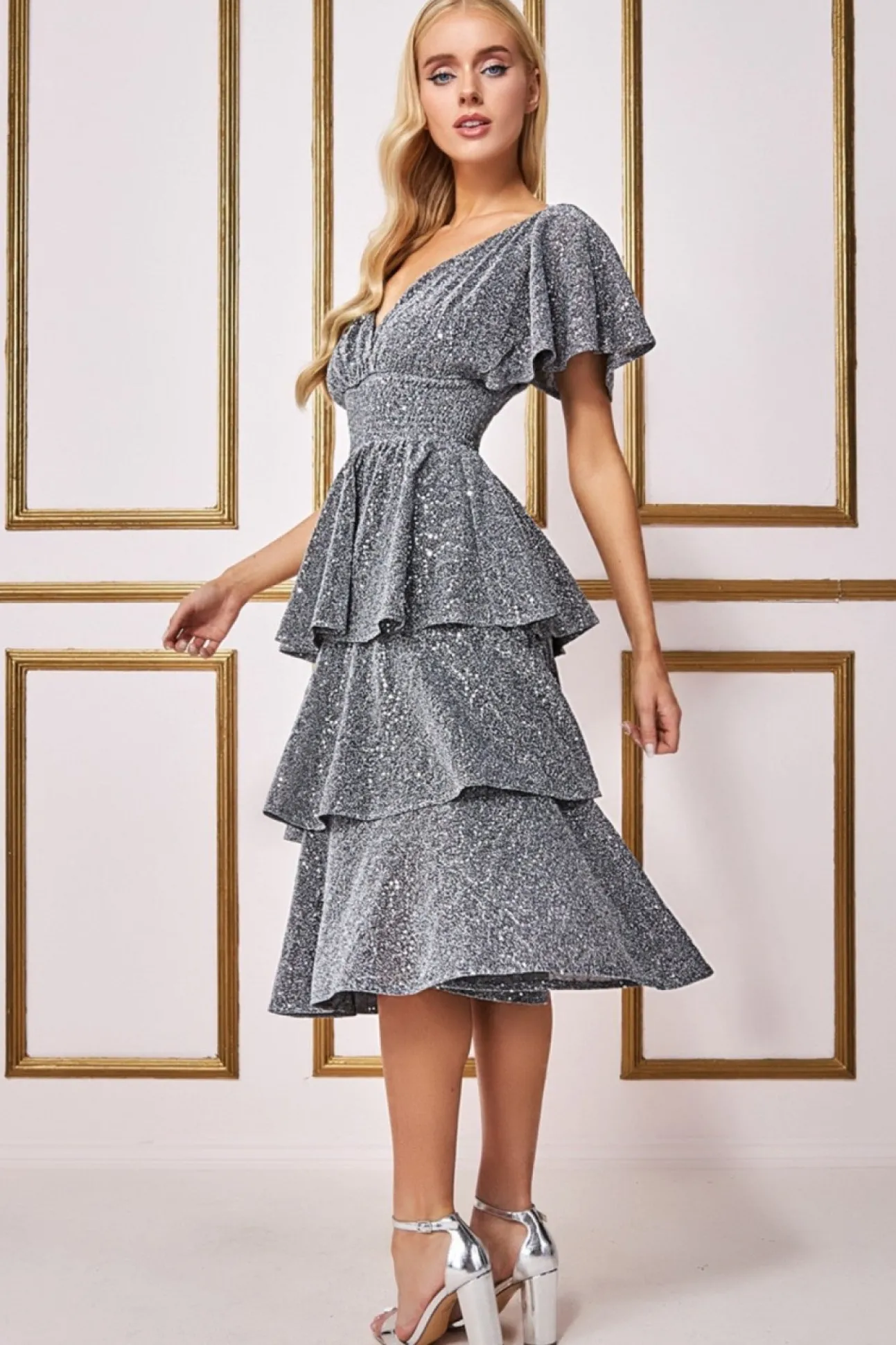 Women * Sequin Lurex Tiered Midi Dress