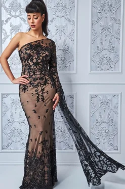 Women * Sequin Mesh One Shoulder Evening Maxi