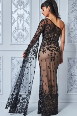 Women * Sequin Mesh One Shoulder Evening Maxi