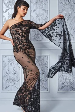 Women * Sequin Mesh One Shoulder Evening Maxi