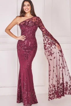 Women * Sequin Mesh One Shoulder Evening Maxi